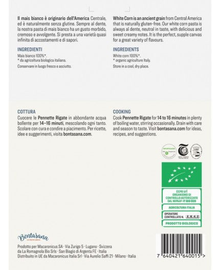 PENNETTE RIGATE N. 10 · MAIS BIANCO BIO - SENZA GLUTINE
250 GR